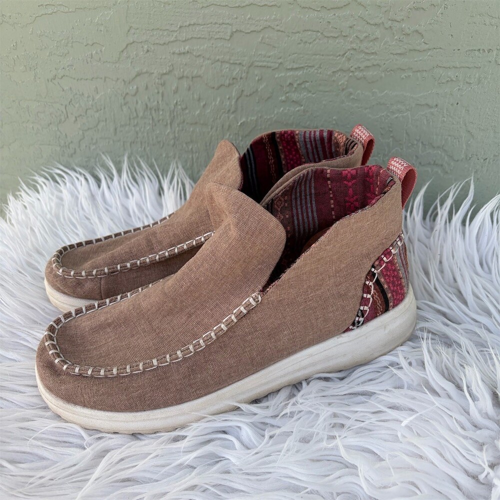 HEYDUDE Denny Womens Ankle Bootie Taupe Moc Toe Slip-On Tribal Heel Panels
